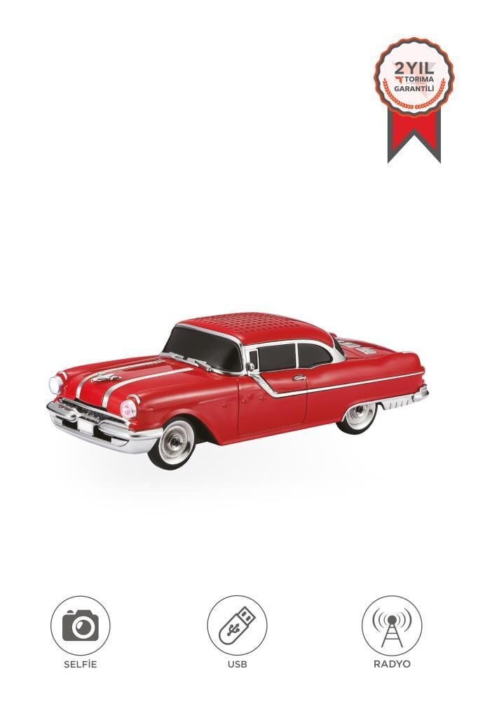 Bluetooth Hoparlör Retro Klasik Araba Tasarımlı 10W FM USB Selfie Speaker D87 Kırmızı