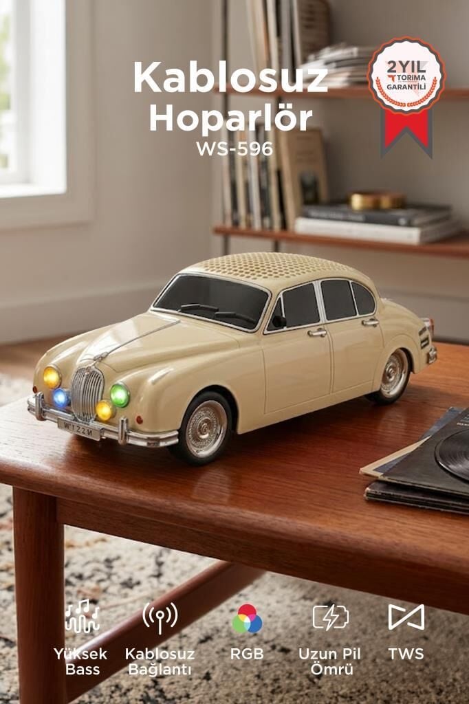 Bluetooth Hoparlör Retro Araba Tasarımlı Speaker WS-596 Krem