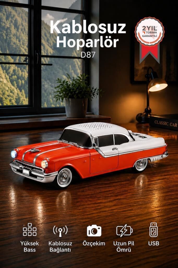 Bluetooth Hoparlör Retro Klasik Araba Tasarımlı 10W FM USB Selfie Speaker D87 Turuncu