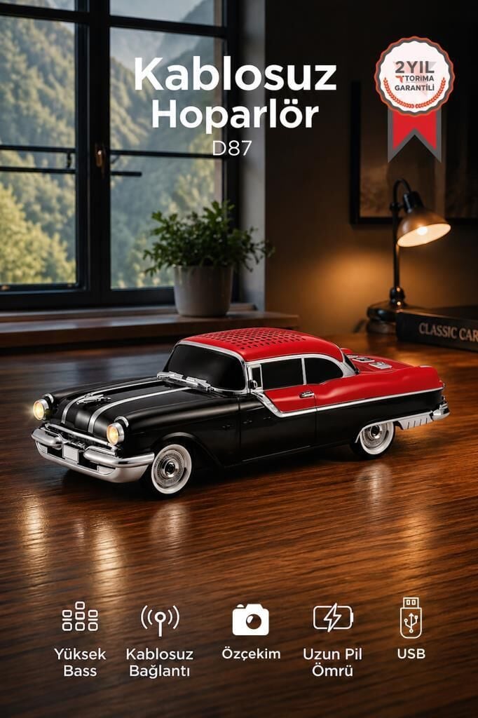 Bluetooth Hoparlör Retro Klasik Araba Tasarımlı 10W FM USB Selfie Speaker D87 Siyah