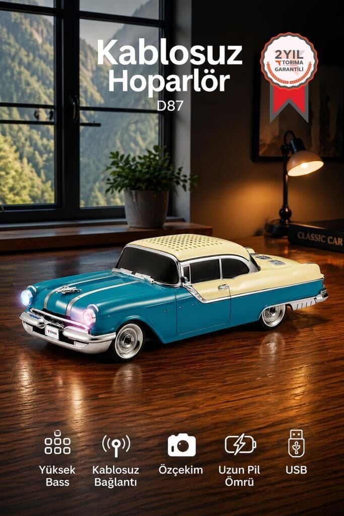 Bluetooth Hoparlör Retro Klasik Araba Tasarımlı 10W FM USB Selfie Speaker D87 Yeşil