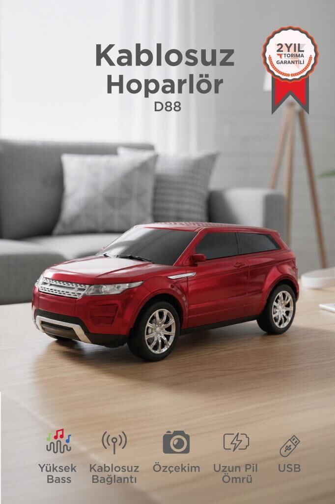Bluetooth Hoparlör Suv Araba Tasarımlı 16W FM USB Selfıe Speaker D88 Kırmızı