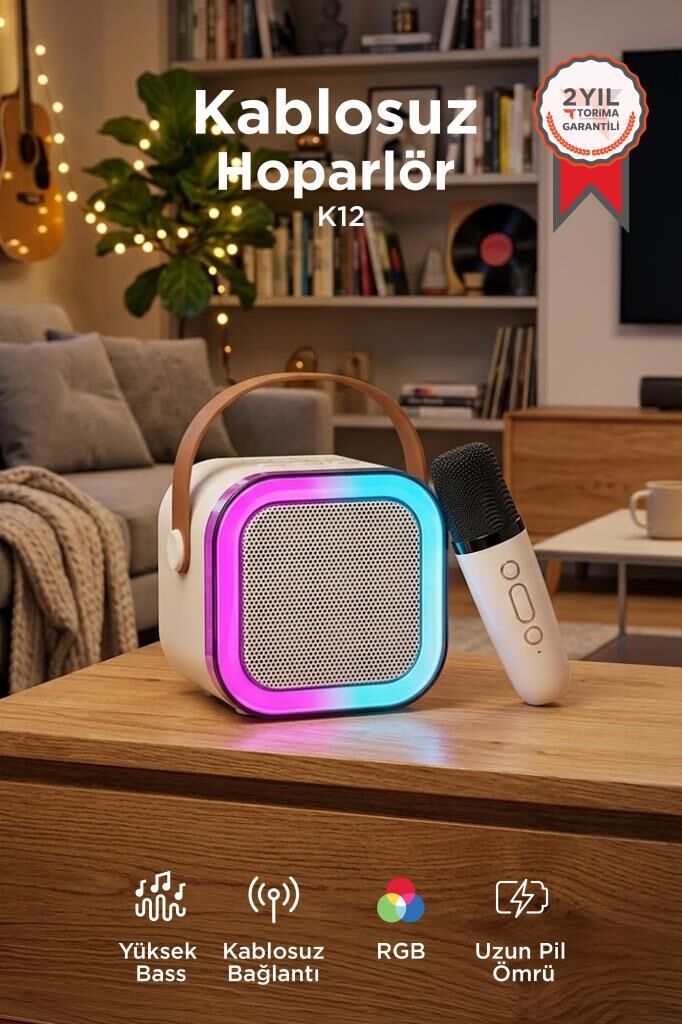 Bluetooth Hoparlör Mikrofonlu Rgb Işıklı Speaker K12 Beyaz