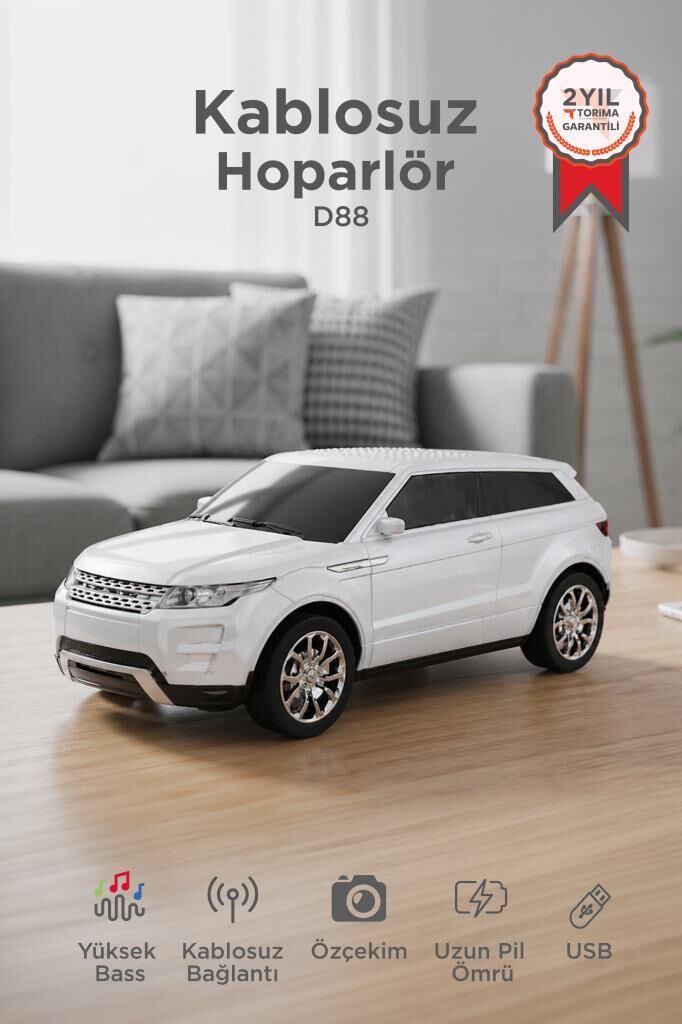 Bluetooth Hoparlör Suv Araba Tasarımlı 16W FM USB Selfie Speaker D88 Beyaz