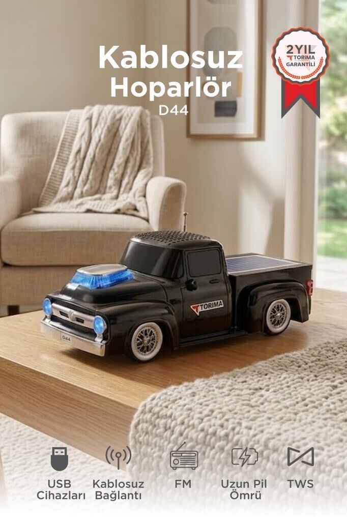 Bluetooth Hoparlör Güneş Enerjili Kamyon Tasarımlı FM USB TF Speaker D44 Siyah