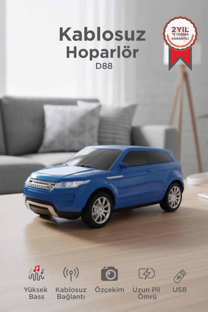 Bluetooth Hoparlör Suv Araba Tasarımlı 16W FM USB Selfie Speaker D88 Mavi