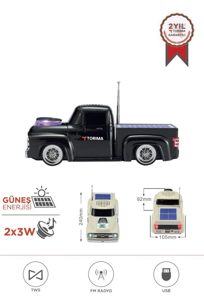Torima D44 Siyah Kamyon Bluetooth Hoparlör FM-USB-TF Destekli Güneş Enerjili Speaker