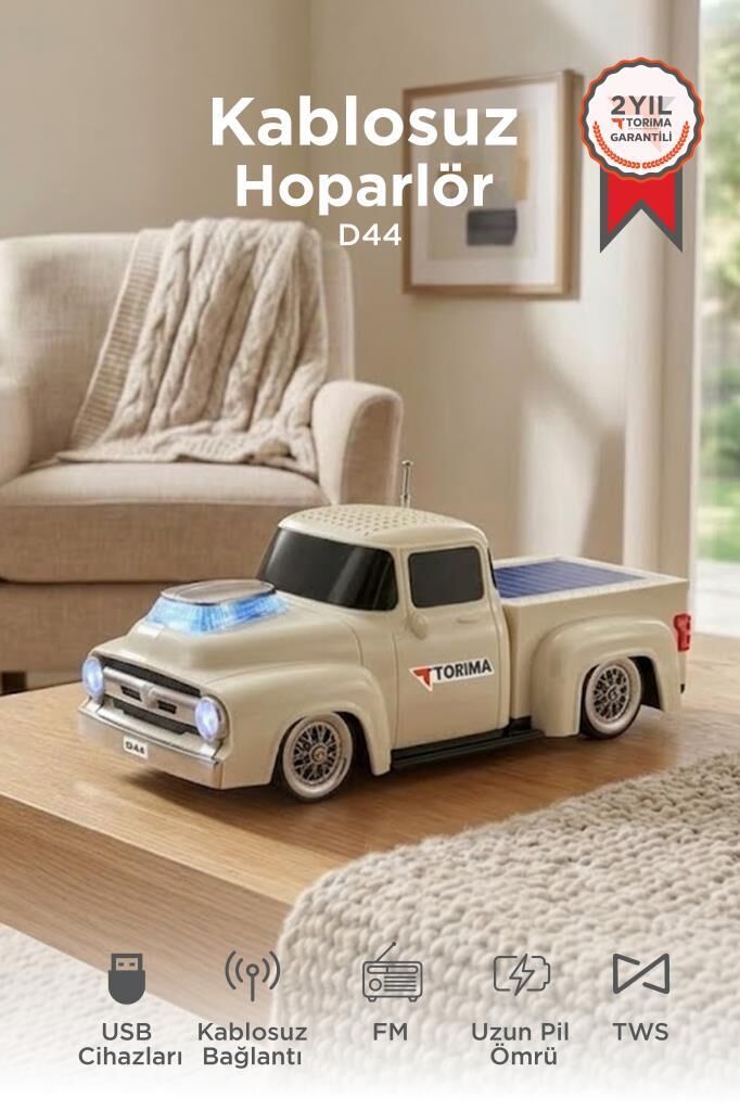 Bluetooth Hoparlör Güneş Enerjili Kamyon Tasarımlı FM USB TF Speaker D44 Bej