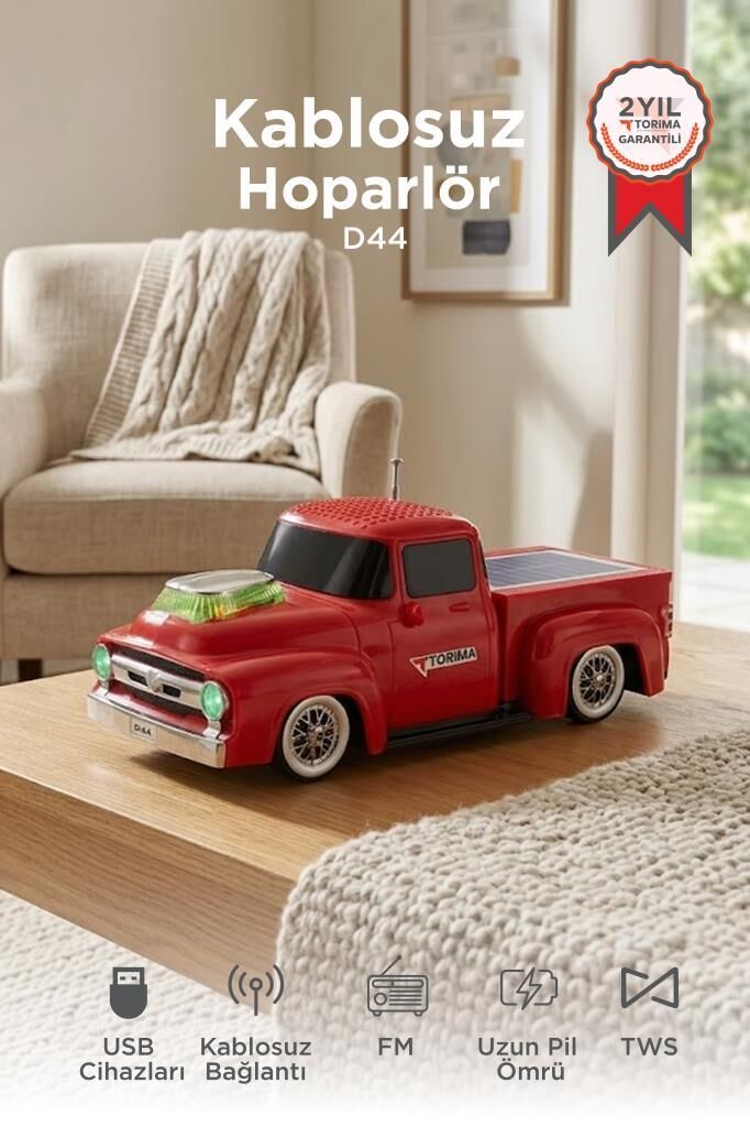 Bluetooth Hoparlör Güneş Enerjili Kamyon Tasarımlı FM USB TF Speaker D44 Kırmızı