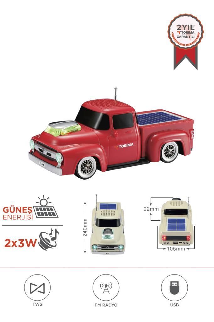 Bluetooth Hoparlör Güneş Enerjili Kamyon Tasarımlı FM USB TF Speaker D44 Kırmızı