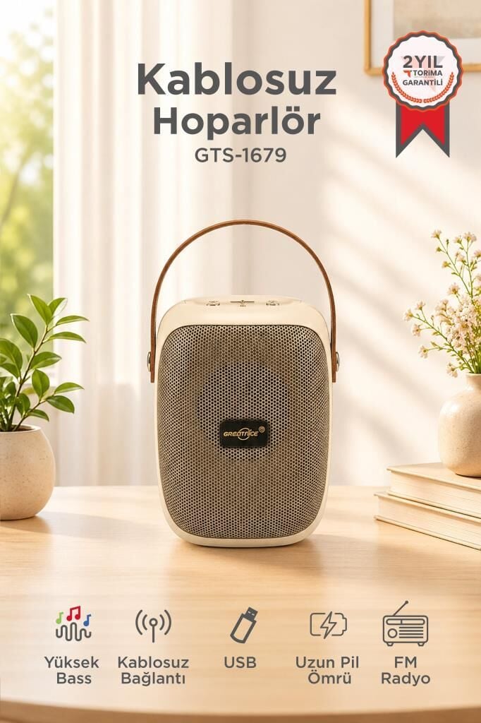Bluetooth Hoparlör Rgb Işıklı FM Radyo Kablosuz Taşınabilir Speaker GTS-1679 Bej