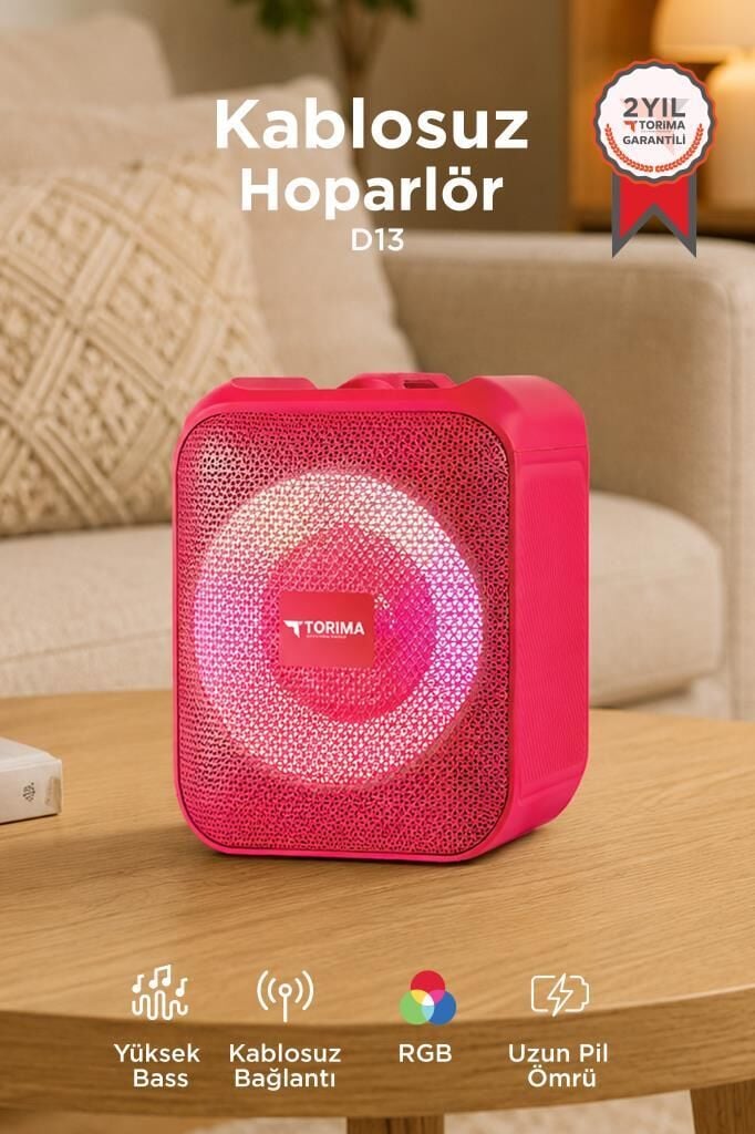 Bluetooth Hoparlör Rgb Işıklı Taşınabilir Speaker D13 Kırmızı