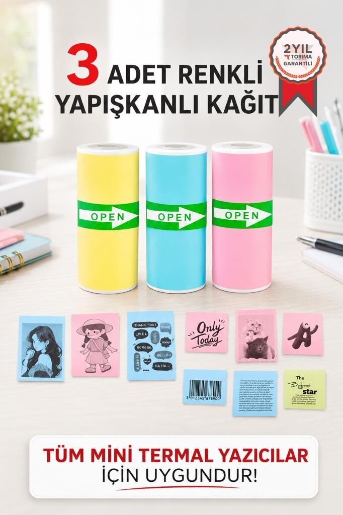 Termal Rulo Kağıt Yapışkanlı Etiket Sticker Tüm Mini Makinalarla Uyumlu 1 Paket (3 Adet) Renkli