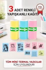 Termal Rulo Kağıt Yapışkanlı Etiket Sticker Tüm Mini Makinalarla Uyumlu 1 Paket (3 Adet) Renkli