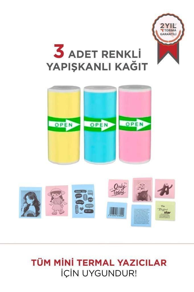 Termal Rulo Kağıt Yapışkanlı Etiket Sticker Tüm Mini Makinalarla Uyumlu 1 Paket (3 Adet) Renkli