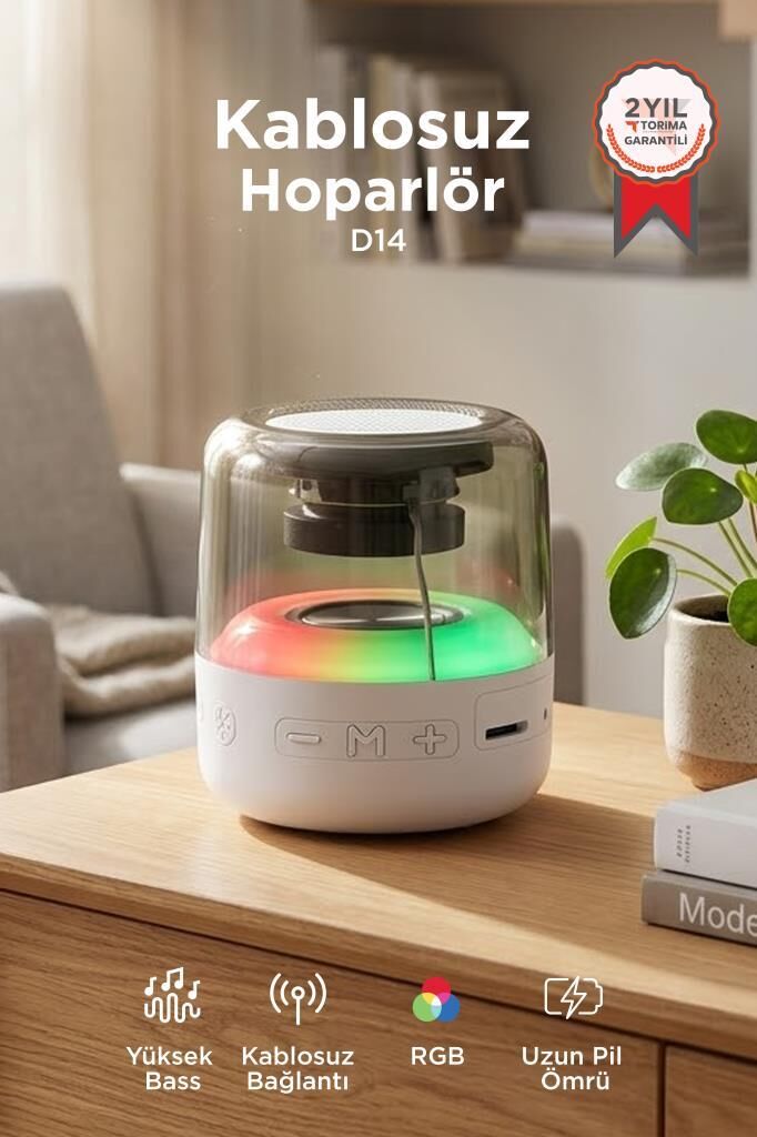 Bluetooth Hoparlör Rgb Işıklı Taşınabilir Speaker D14 Beyaz