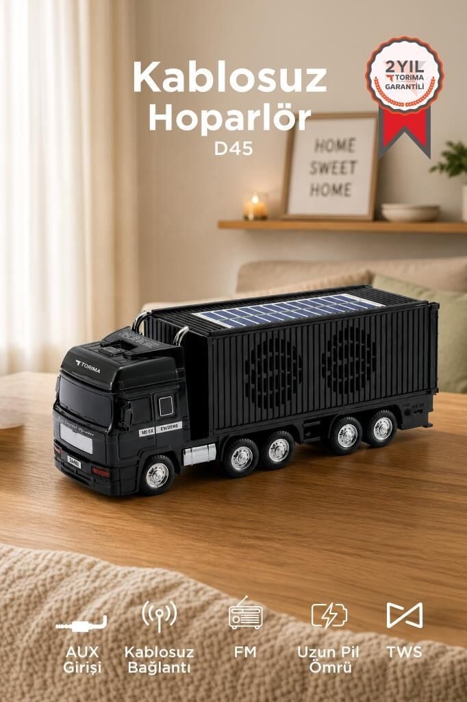 Bluetooth Hoparlör Güneş Enerjili Tır Tasarımlı FM USB AUX Speaker D45 Siyah