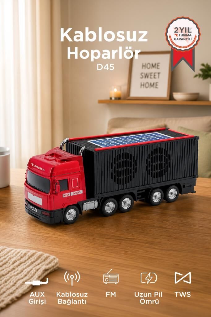 Bluetooth Hoparlör Güneş Enerjili Tır Tasarımlı FM USB AUX Speaker D45 Kırmızı
