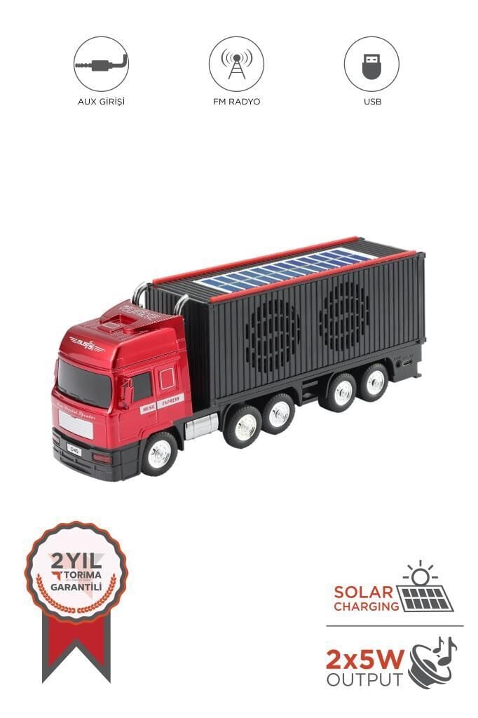 Bluetooth Hoparlör Güneş Enerjili Tır Tasarımlı FM USB AUX Speaker D45 Kırmızı