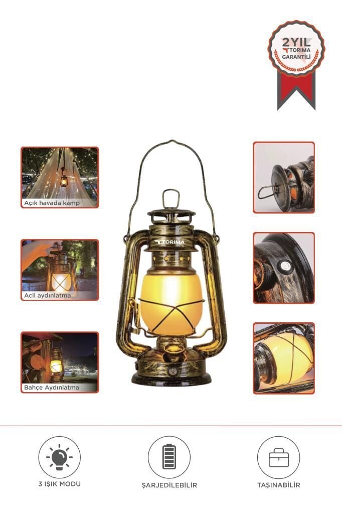 Gaz Lambası Görünümlü Nostaljik Retro Şarjlı Led Işıklı Gece Lambası LW41 Koyu Ahşap