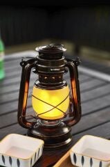 Gaz Lambası Görünümlü Nostaljik Retro Şarjlı Led Işıklı Gece Lambası LW41 Koyu Ahşap