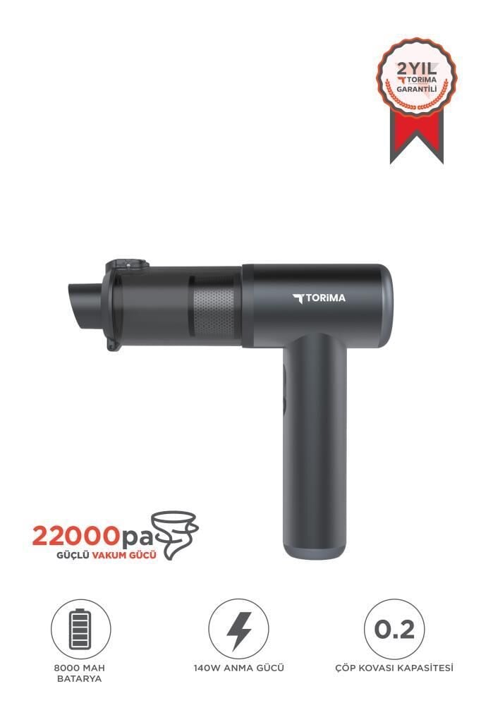 Araç İçi Süpürge 22.000PA Güçlü Emiş USB-C Şarjlı Mini Araba El Süpürgesi Torima LT102 Siyah