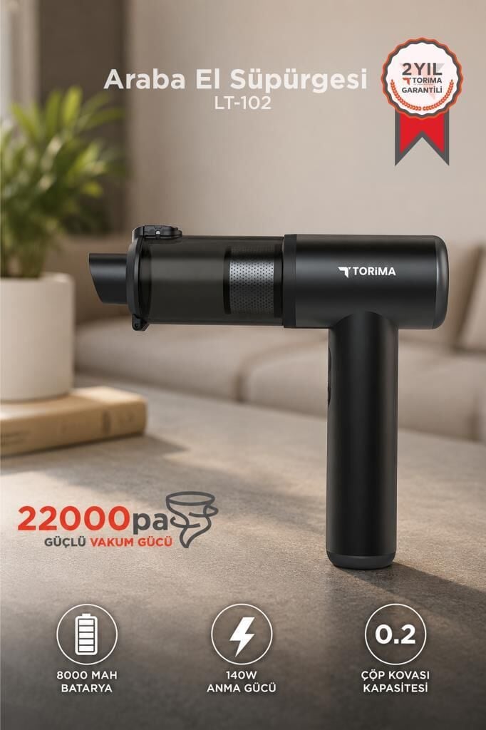 Araç İçi Süpürge 22.000PA Güçlü Emiş USB-C Şarjlı Mini Araba El Süpürgesi Torima LT102 Siyah