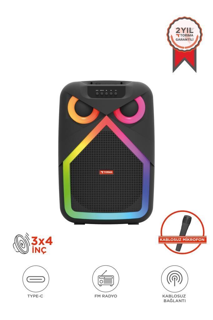 Bluetooth Hoparlör RGB LED Işıklı Kablosuz Mikrofonlu Taşınabilir Karaoke Speaker D84 Siyah