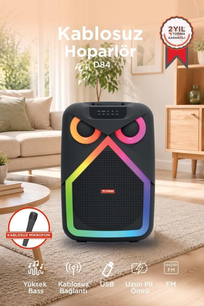 Bluetooth Hoparlör RGB LED Işıklı Kablosuz Mikrofonlu Taşınabilir Karaoke Speaker D84 Siyah