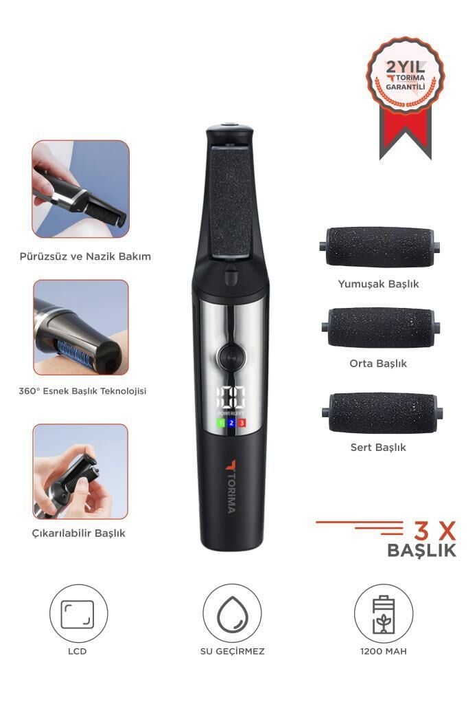 Şarjlı LCD Ekranlı 3 Başlıklı Su Geçirmez Ayak Törpü Cihazı BCM-1140T Siyah