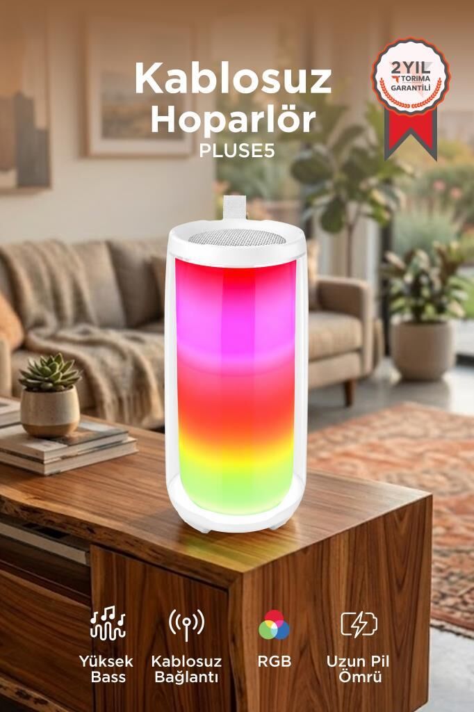 Bluetooth Hoparlör Rgb Işıklı Speaker PLUSE5 Beyaz