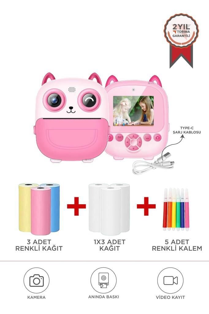 Torima CMR-21 Pembe Dijital Video Kayıt Fotoğraf Çocuk Kamerası Termal Resim Kağıt Baskılı Yazıcı