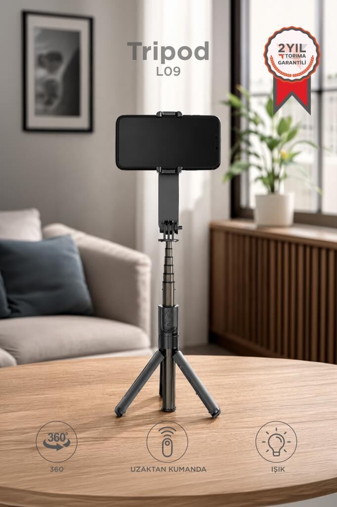 Tripod Profesyonel Gimbal Çok Amaçlı Işıklı Video Çekimi Telefon Sabitleyici L09 Siyah