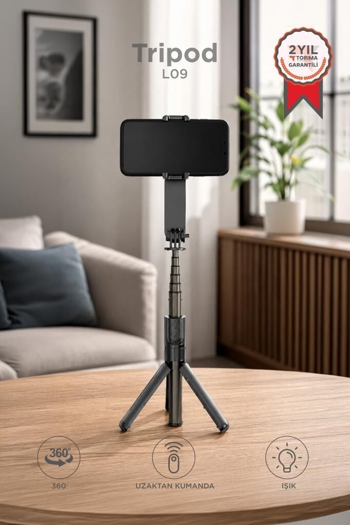 Torima Tripod Profesyonel Gimbal Çok Amaçlı Işıklı Video Çekimi Telefon Sabitleyici L09 Siyah