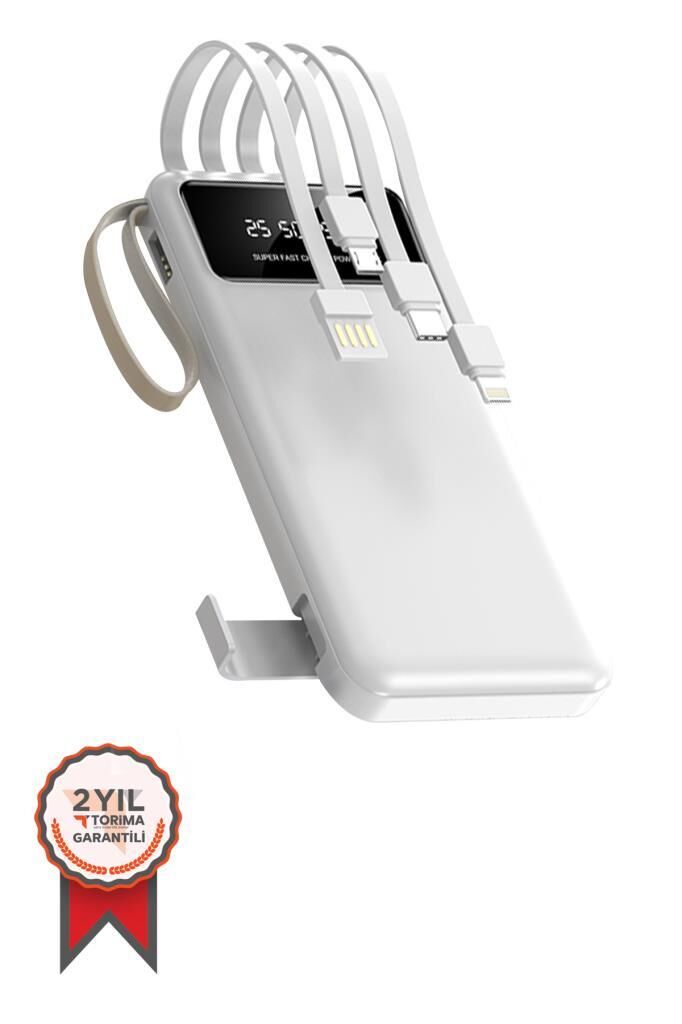 Powerbank Dijital Göstergeli Kablolu 4 Çıkışlı 10.000 Mah Taşınabilir Şarj Aleti TRM1011 Beyaz