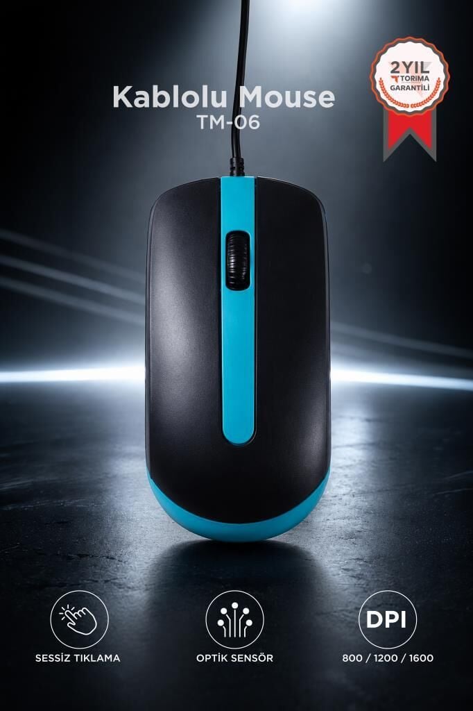 Mouse Optik Sessiz ve Ergonomik Tasarım Kablolu Fare TM06 Mavi