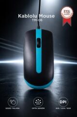 Mouse Optik Sessiz ve Ergonomik Tasarım Kablolu Fare TM06 Mavi