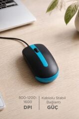 Mouse Optik Sessiz ve Ergonomik Tasarım Kablolu Fare TM06 Mavi