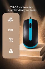 Mouse Optik Sessiz ve Ergonomik Tasarım Kablolu Fare TM06 Mavi