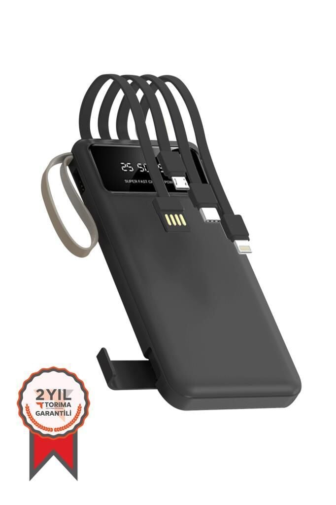 Powerbank Dijital Göstergeli Kablolu 4 Çıkışlı 10.000 Mah Taşınabilir Şarj Aleti TRM1011 Siyah
