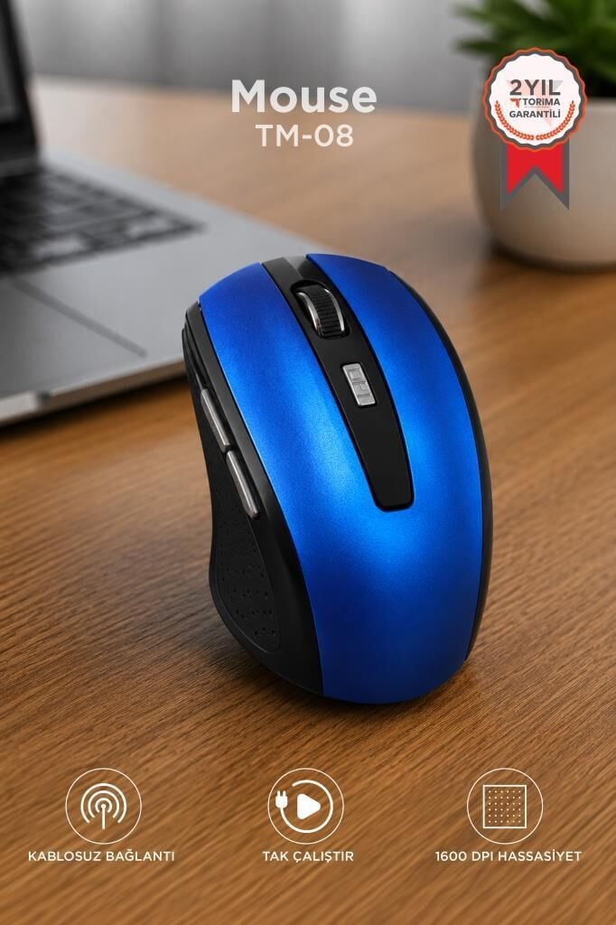 Mouse Yan Tuşlu Optik Kablosuz Fare TM08 Mavi