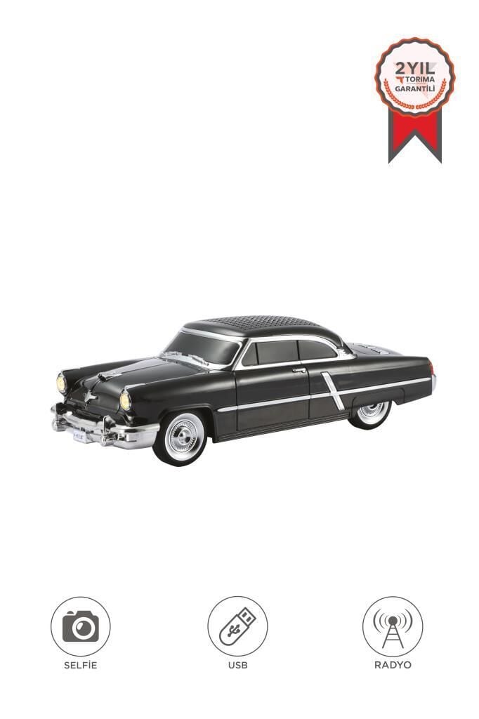 Bluetooth Hoparlör Retro Klasik Araba Tasarımlı 10W FM USB Selfie Speaker D85 Siyah