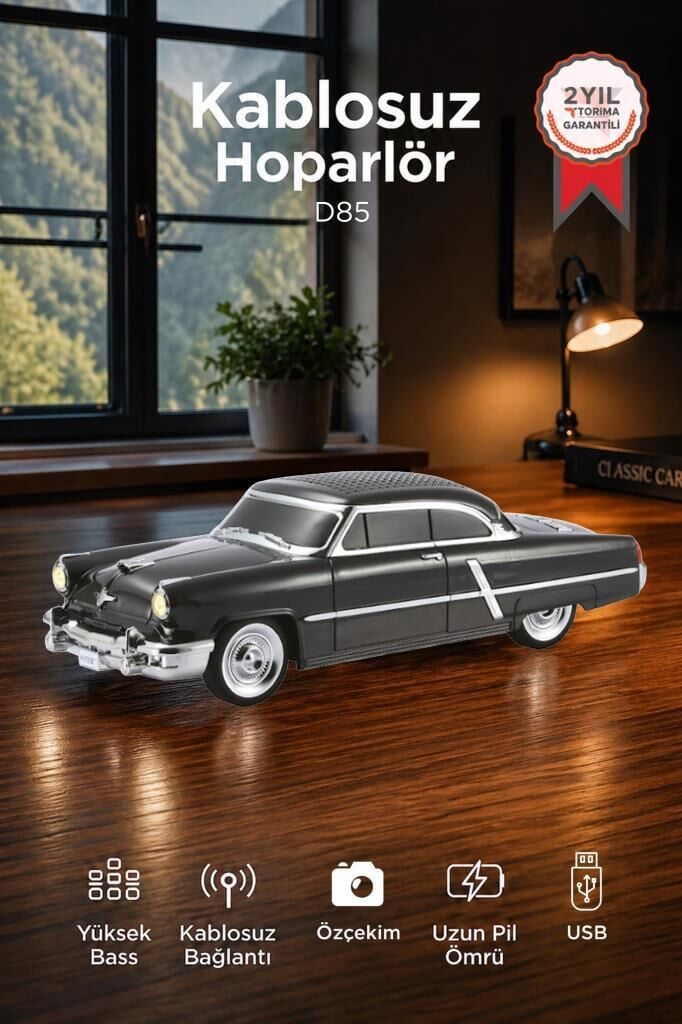 Bluetooth Hoparlör Retro Klasik Araba Tasarımlı 10W FM USB Selfie Speaker D85 Siyah