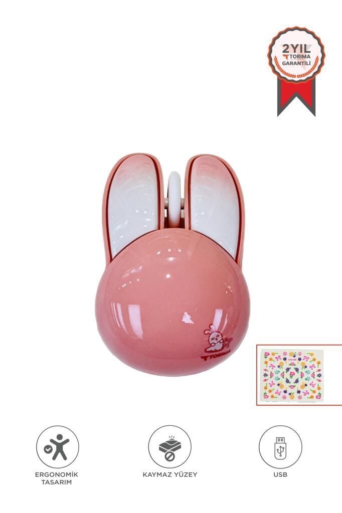 Kablosuz Tavşan Kulaklı Sessiz Mouse 1200 DPI Optik Kablosuz Fare Torima TM-21 Pembe