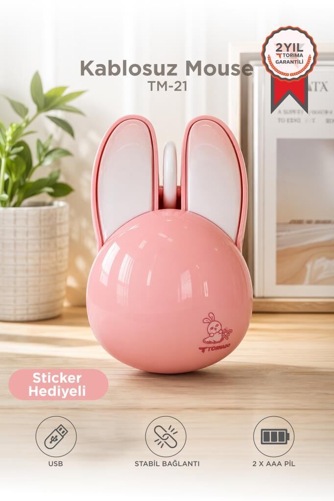 Kablosuz Tavşan Kulaklı Sessiz Mouse 1200 DPI Optik Kablosuz Fare Torima TM21 Pembe