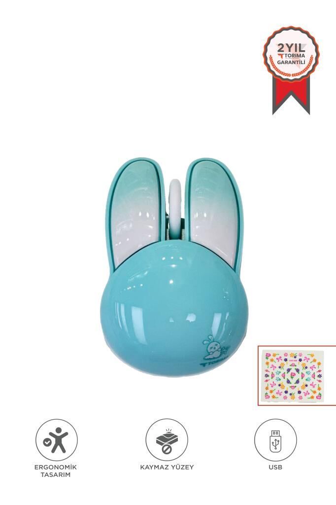 Kablosuz Tavşan Kulaklı Sessiz Mouse 1200 DPI Optik Kablosuz Fare Torima TM-21 Mavi