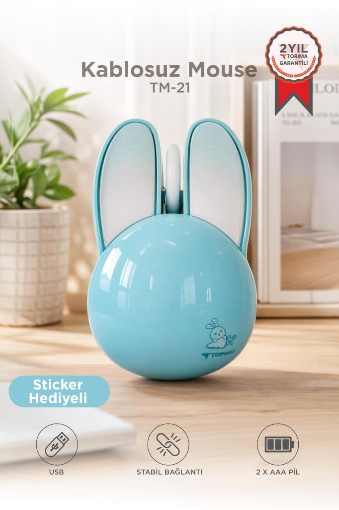 Kablosuz Tavşan Kulaklı Sessiz Mouse 1200 DPI Optik Kablosuz Fare Torima TM21 Mavi