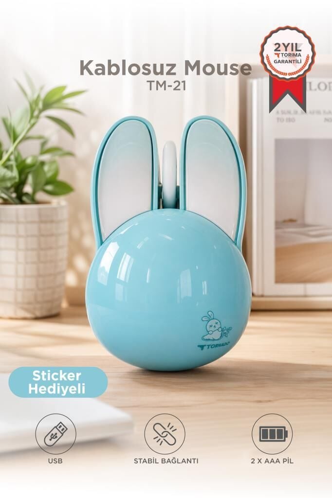 Torima Kablosuz Tavşan Kulaklı Sessiz Mouse 1200 DPI Optik Kablosuz Fare TM21 Mavi