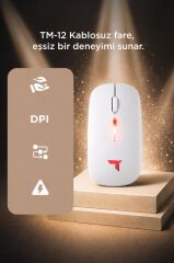 Mouse Sessiz Ergonomik Rgb Işıklı Kablosuz Optik Fare TM12 Beyaz