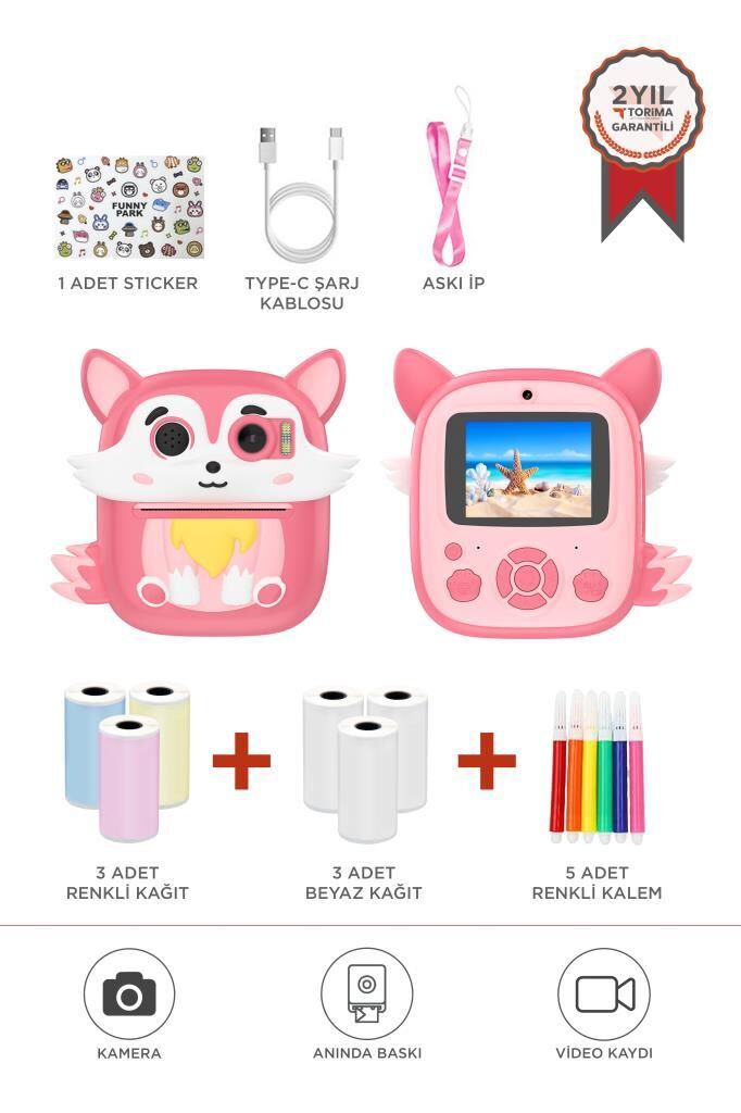 Torima CMR-20 Pembe Dijital Video Kayıt Fotoğraf Çocuk Kamerası Termal Resim Kağıt Baskılı Yazıcı